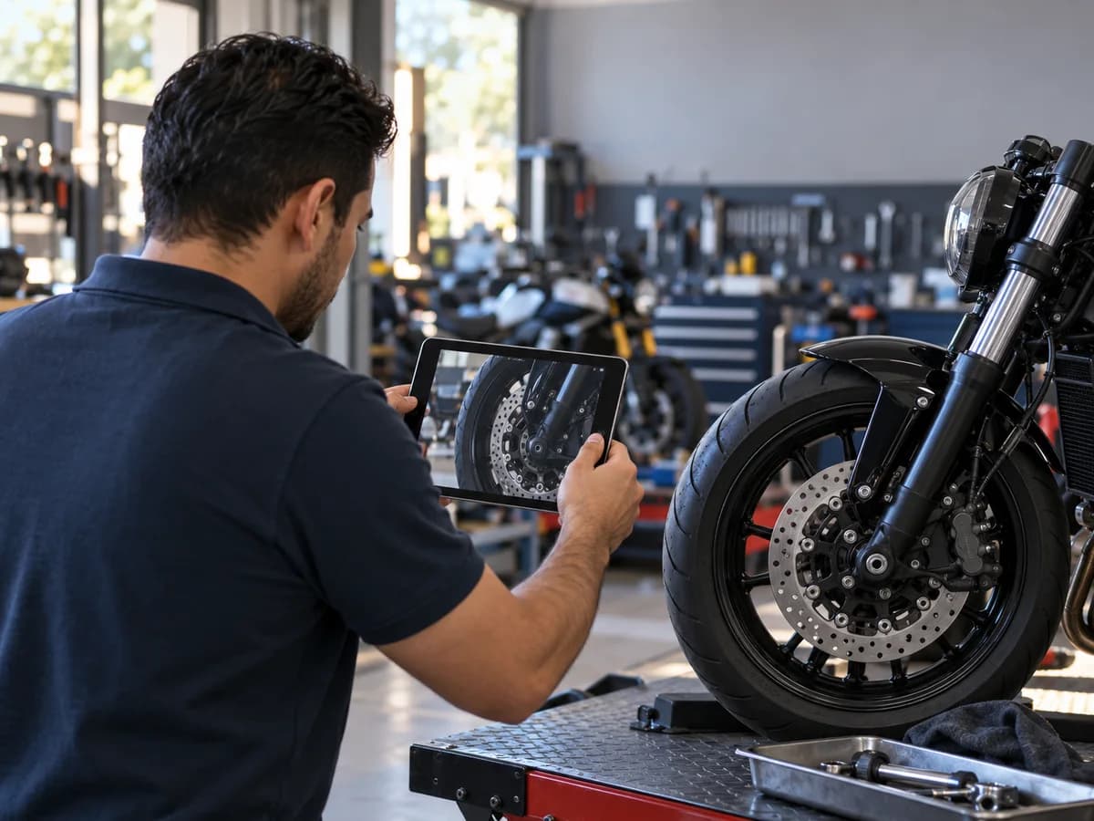 Técnico documentando la inspección de una motocicleta con una tablet
